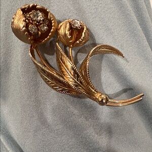 Gold Floral Bouquet Brooch with Clear Crystal Accents